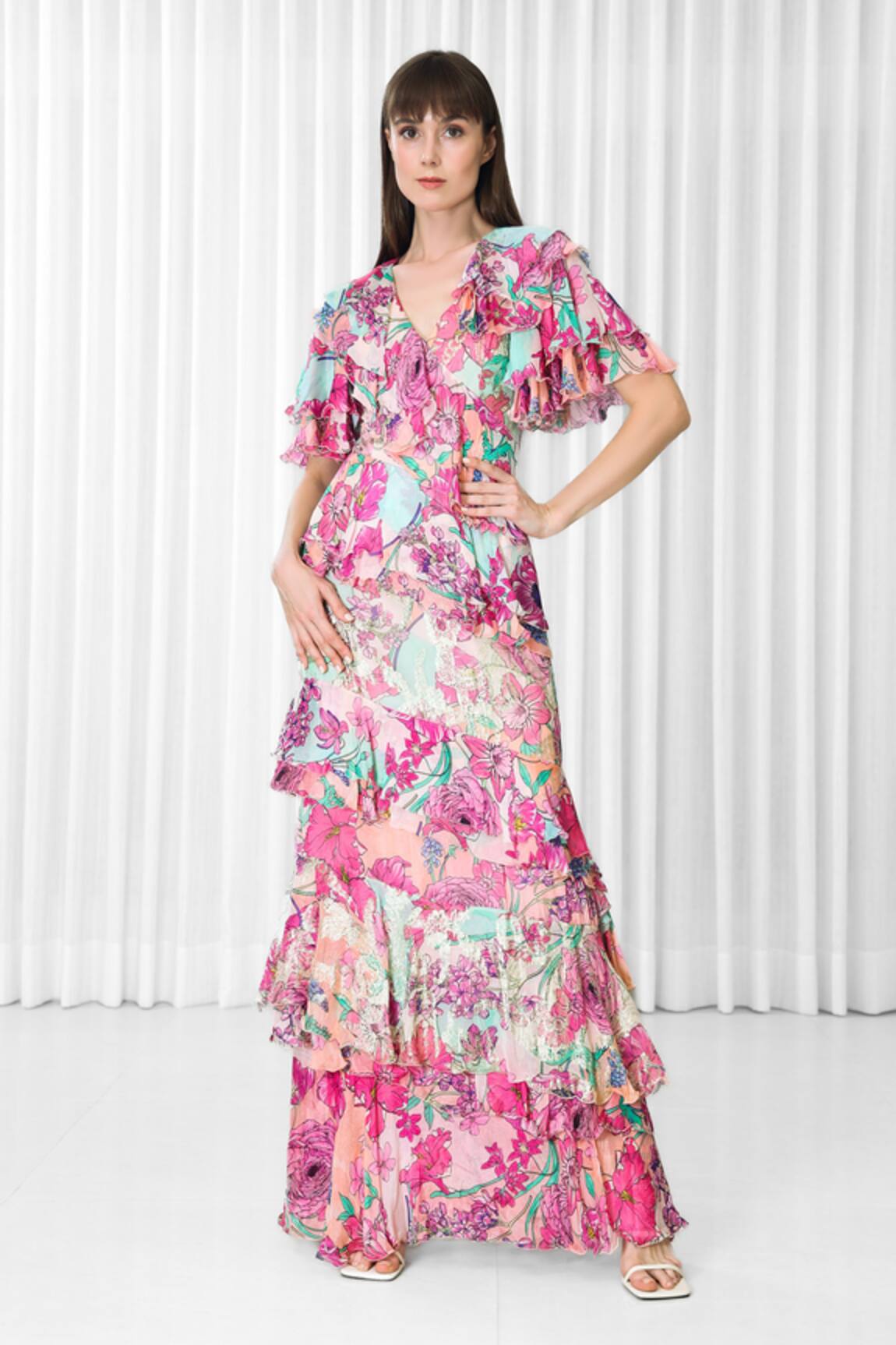 Mandira Wirk Resort Multi Color Ruffle Hibiscus Gown 
