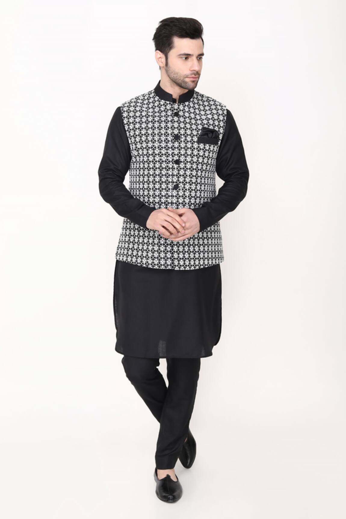 Manish Nagdeo Black Embroidered Bundi Jacket & Kurta Set 