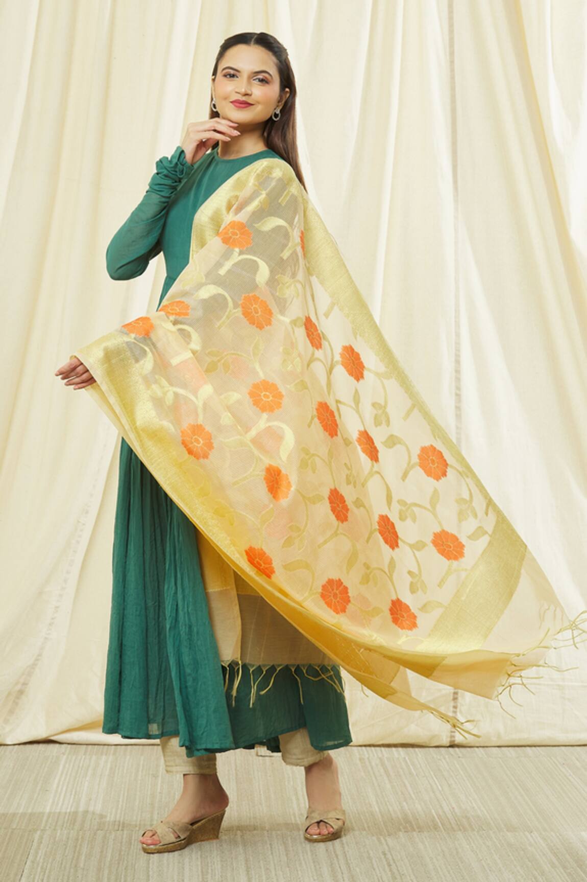Khwaab by Sanjana Lakhani Floral Pattern Dupatta with Fringe Hem 