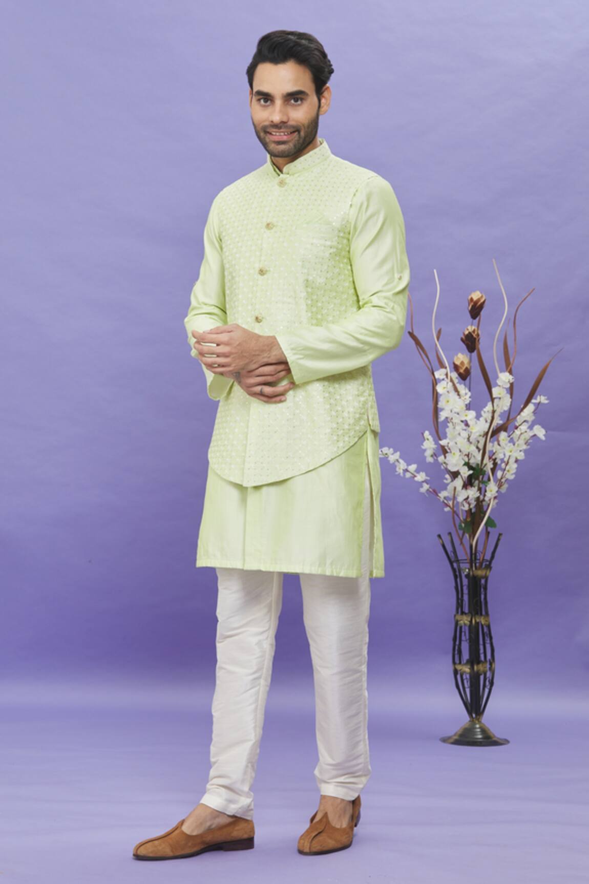 Arihant Rai Sinha Embroidered Pista Green Long Bundi 