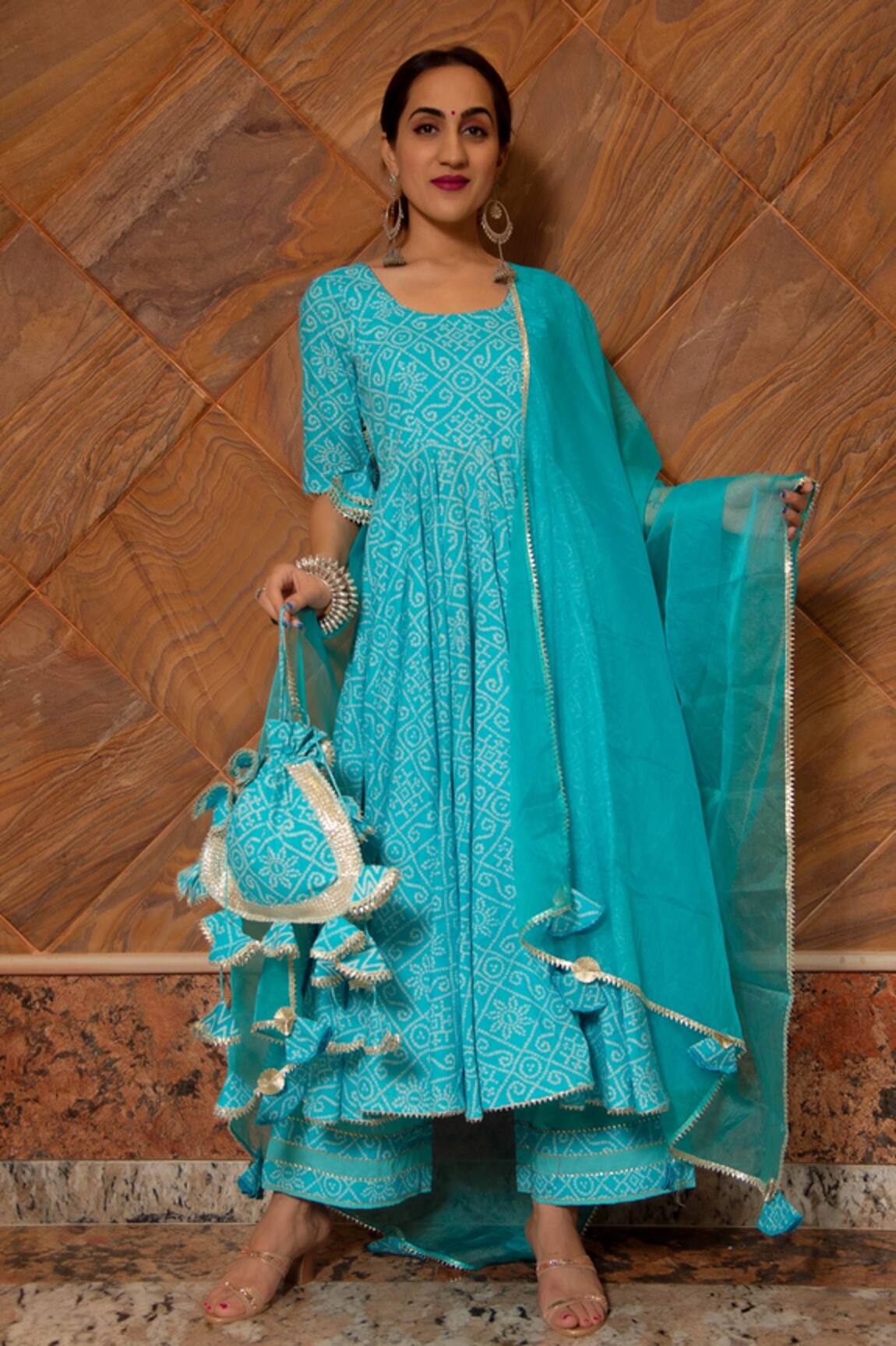 Pomcha Jaipur Bandhej Cotton Anarkali Set 