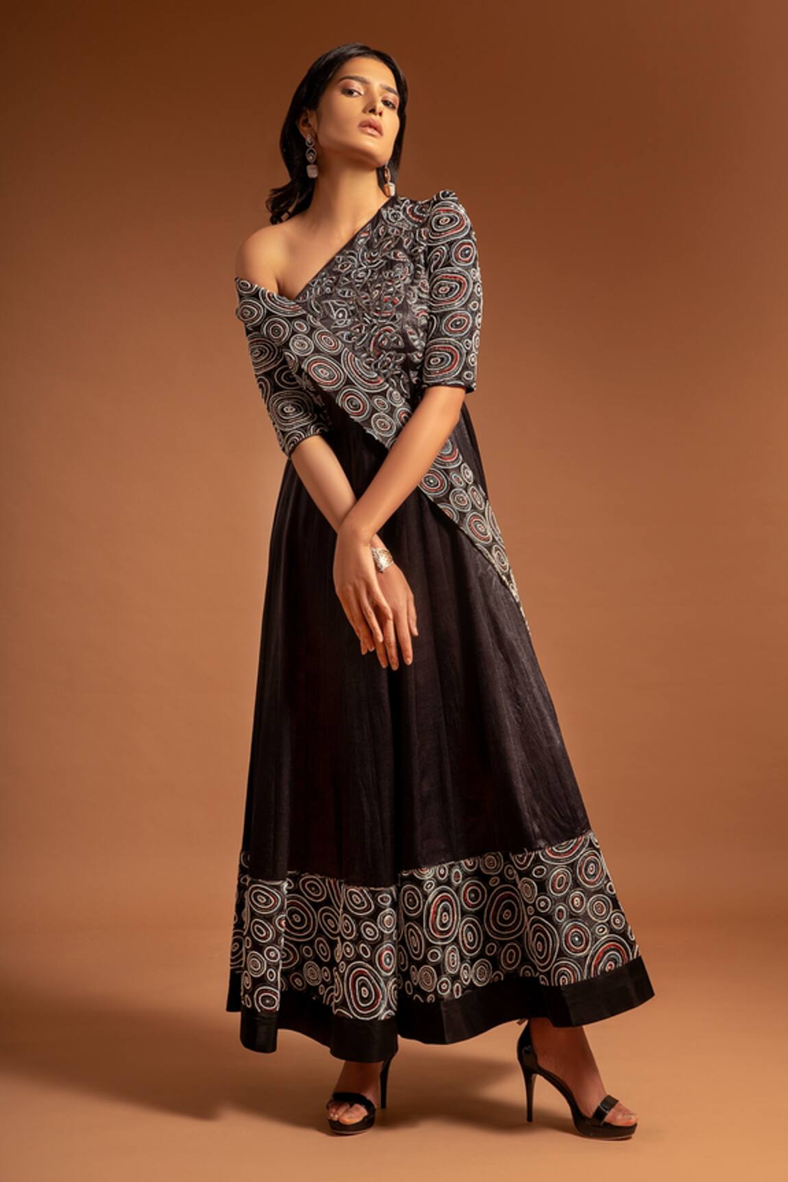 Sejal Kamdar Asymmetric Ajrak Embellished Yoke Anarkali