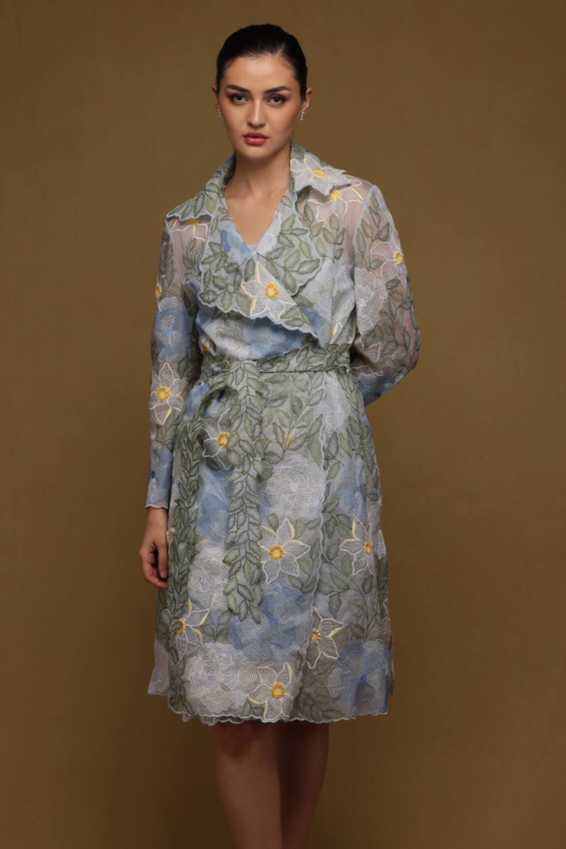 Shriya Som Floral Thread Embroidered Trench Coat