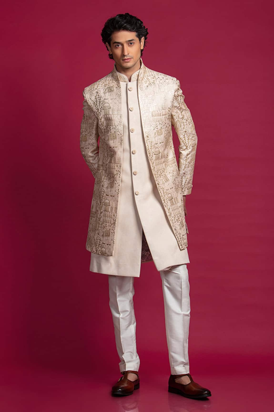 Jayesh Shah Abstract Print Front-Open Sherwani Set