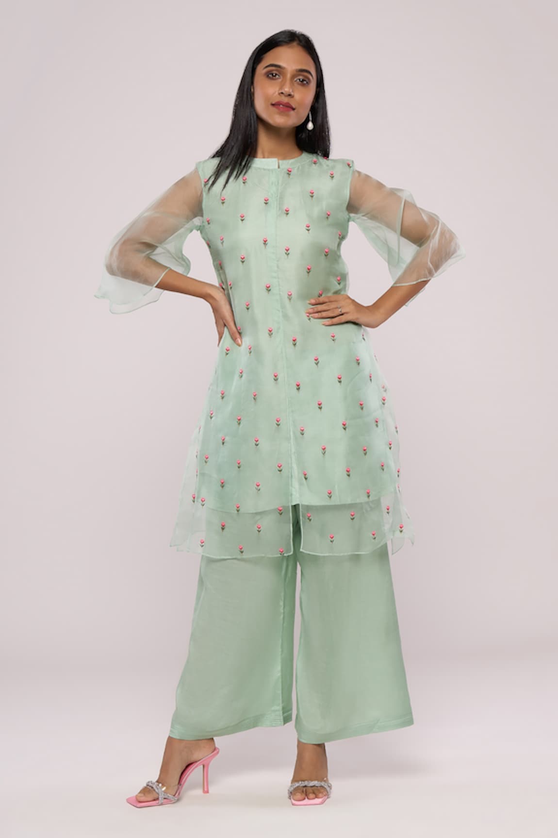 MAYU KOTHARI Layered Rose Hand Embroidered Kurta & Palazzo Set