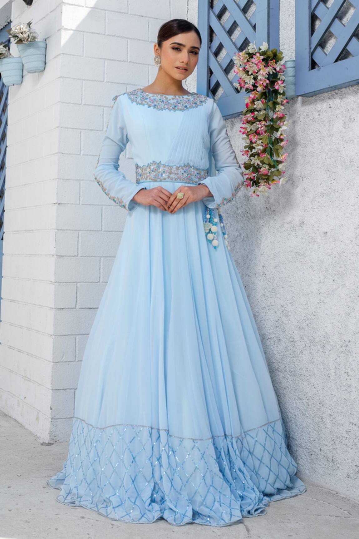 Tamaraa By Tahani Crystal Waistband Embroidered Draped Gown 