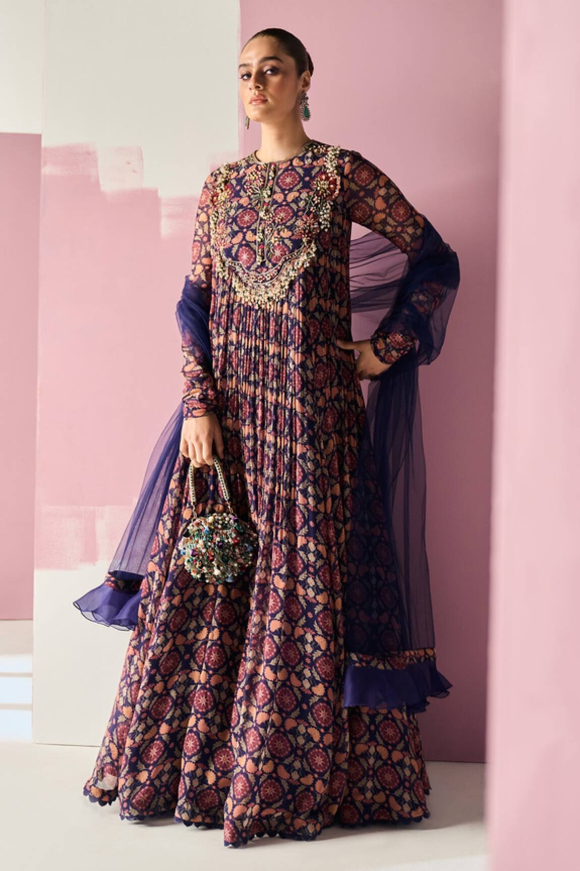 Ridhi Mehra Saaja Floral Print Pleated Anarkali With Dupatta