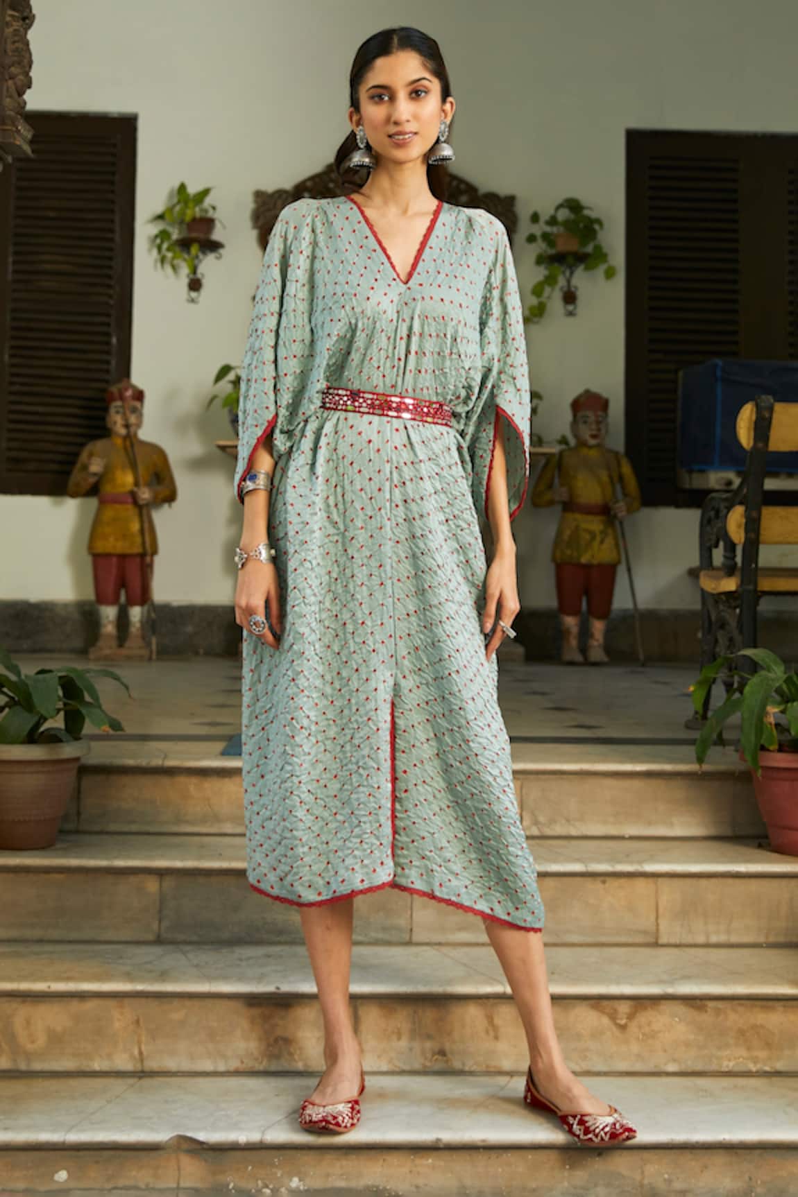 Twenty Nine Bandhani Pattern Kaftan With Belt