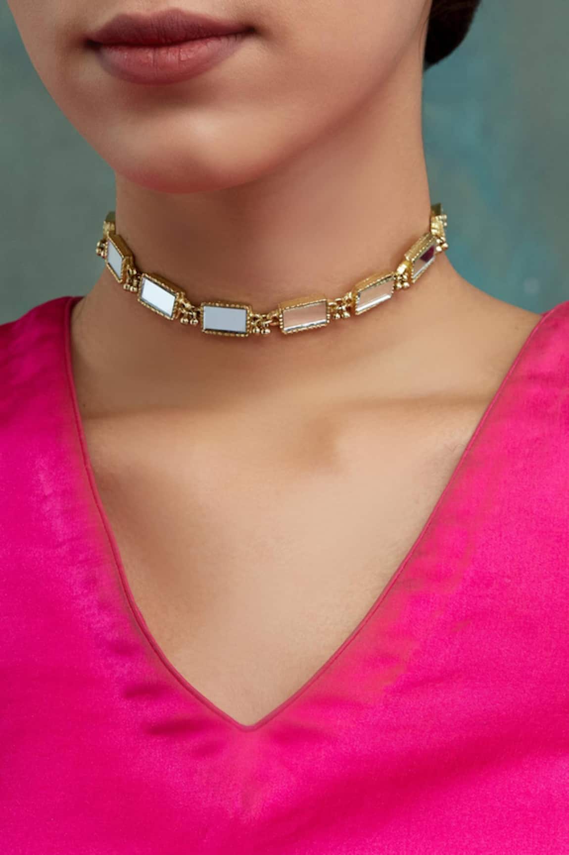 House Of Tuhina Mirror Studded Brick Choker 