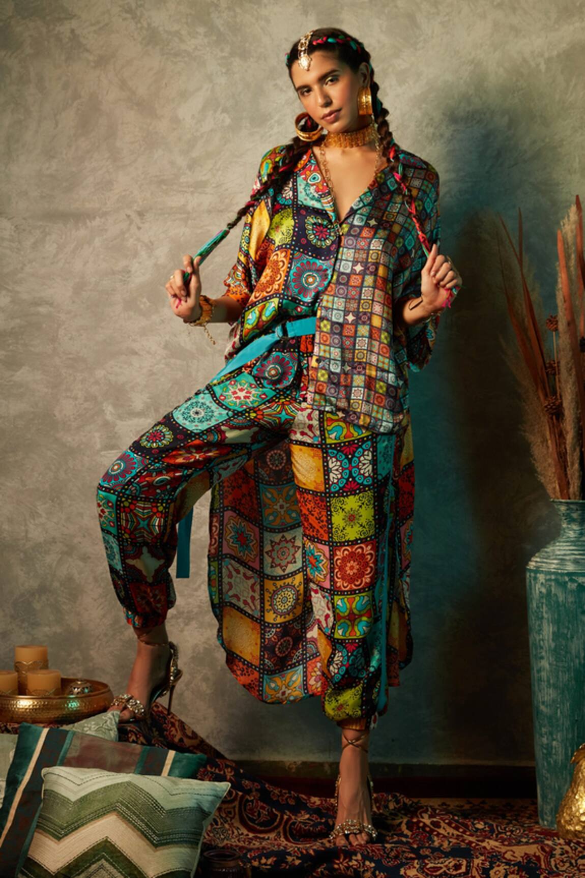 Esha L Amin Printed High Low Half & Half Shirt 