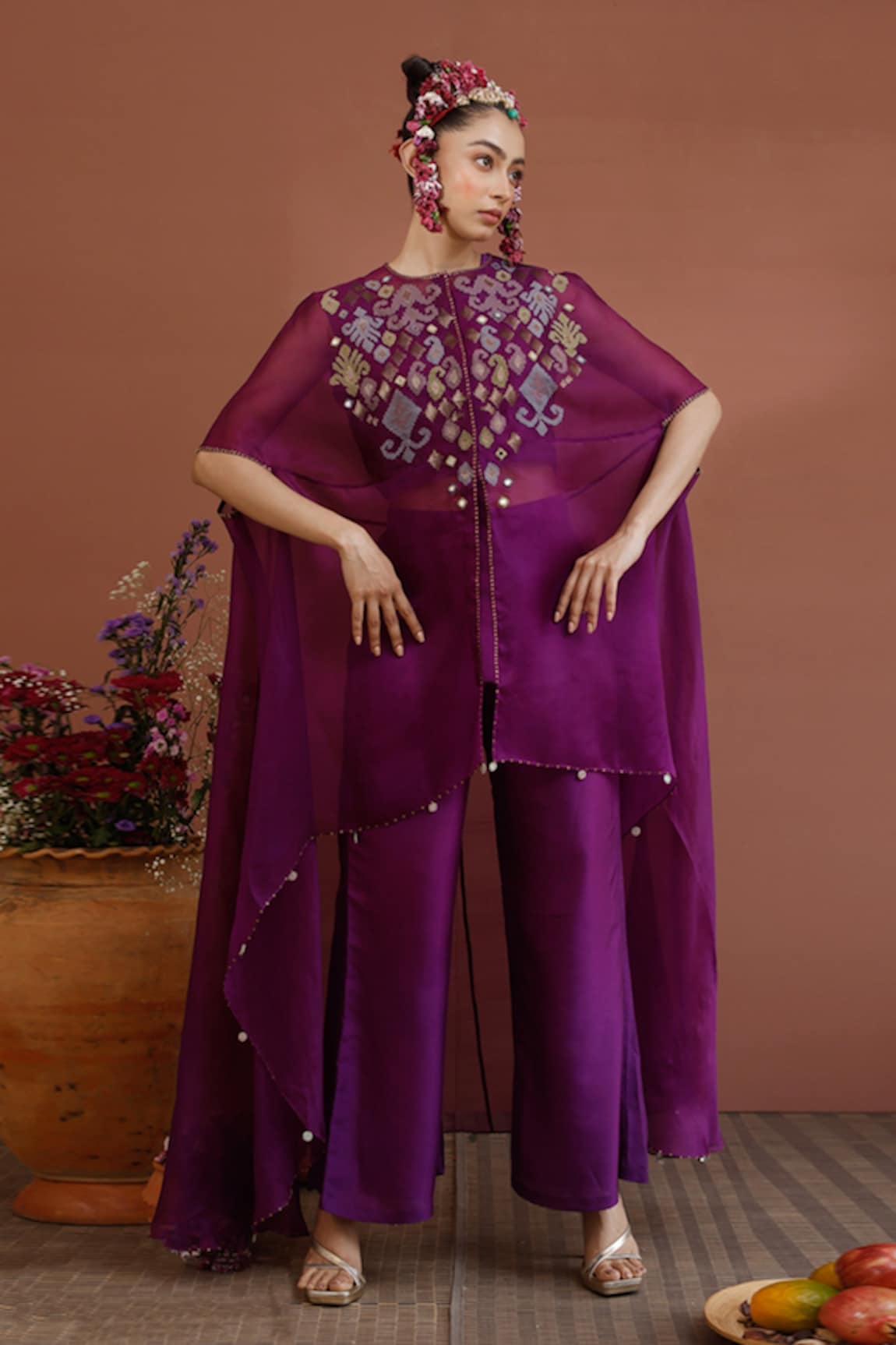 Neha Poddar Mirror Embroidered Cape & Pant Set