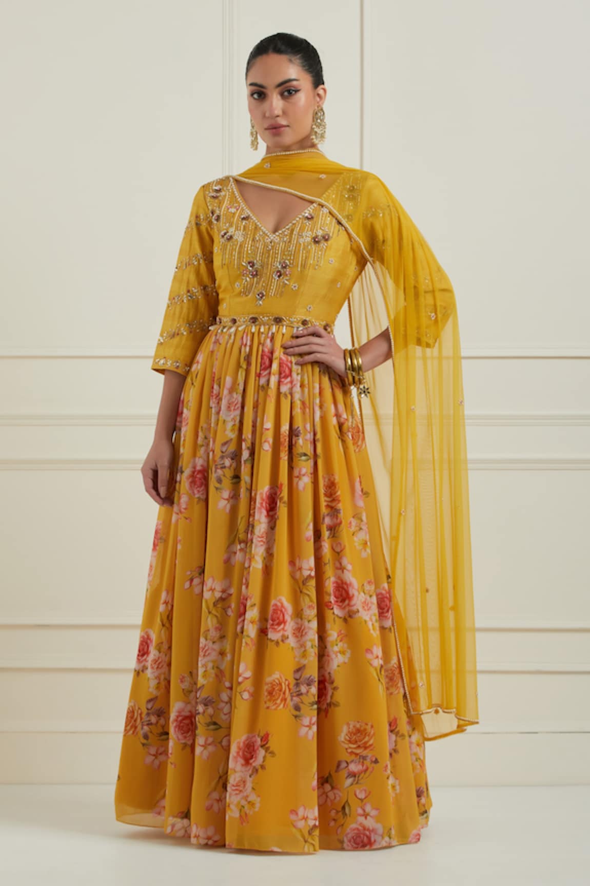 Label Nitisha Floral Print Anarkali With Net Dupatta