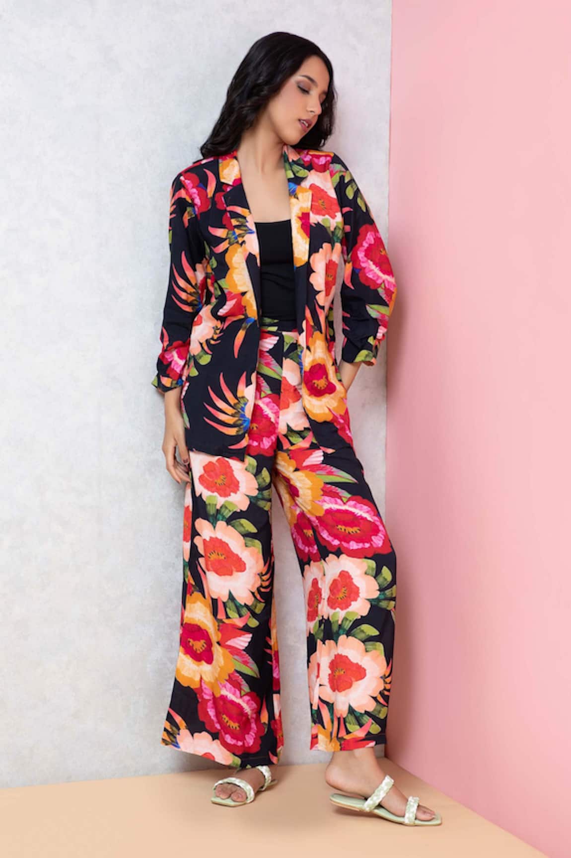 Rhe-Ana Vibrant Floral Print Blazer Shirt & Pant Co-ord Set