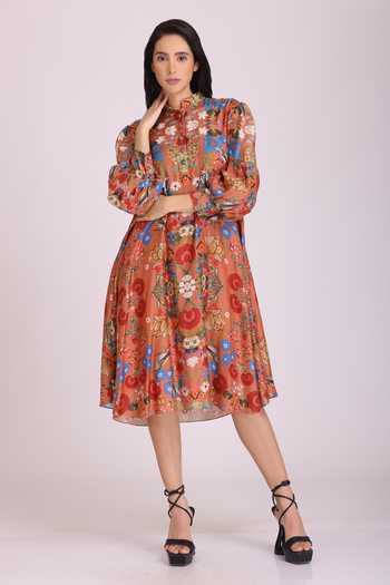 Alpona Designs By Soham Acharya Floral Print Puff Sleeve Dress 