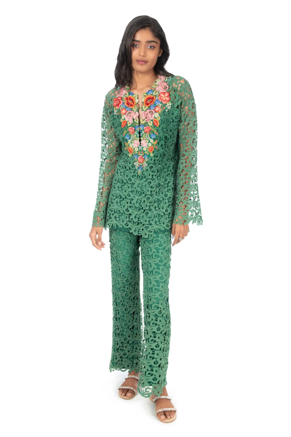 Monisha Jaising Floral Cutwork Lace Tunic & Pant Set