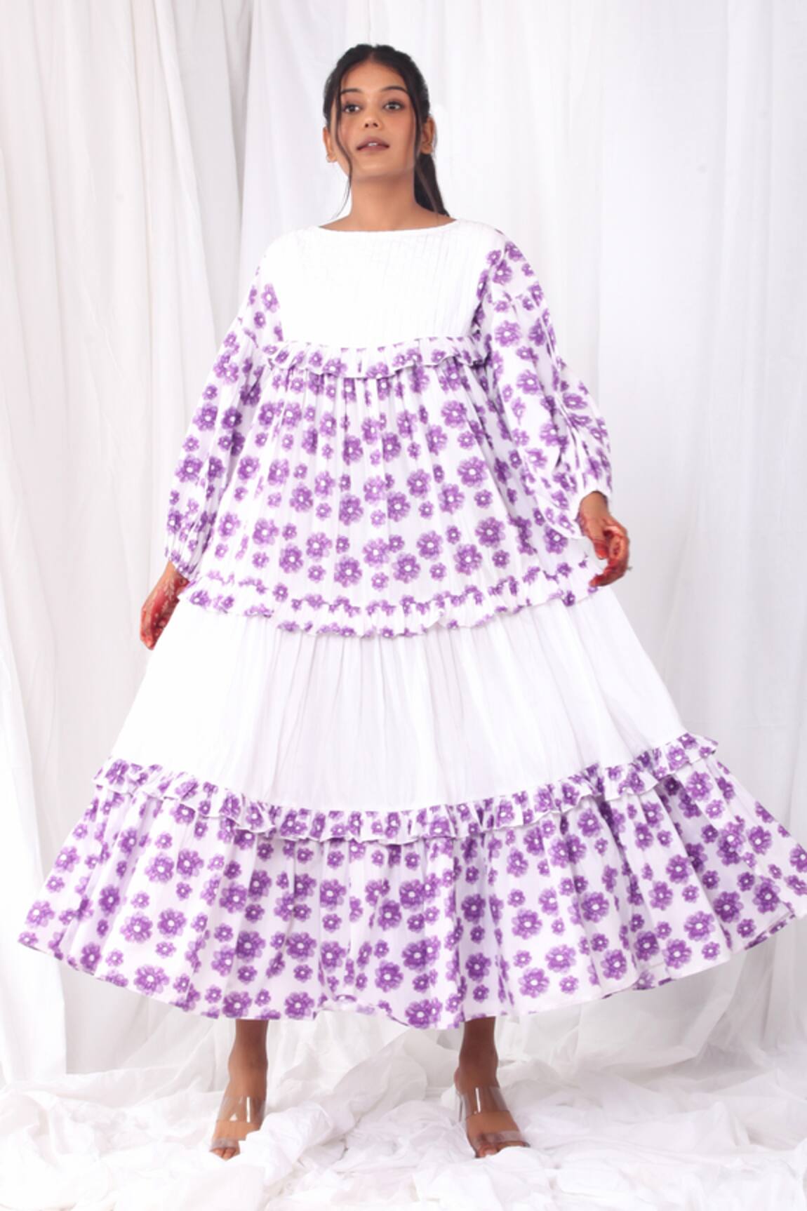 Khat Flared Purple Flower Print Dress