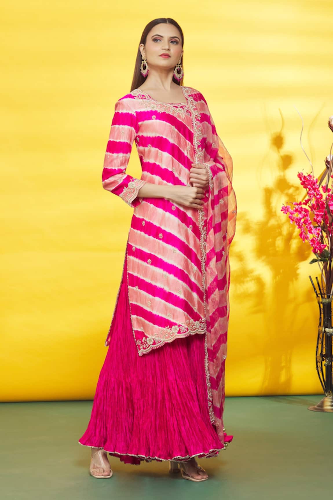 Surbhi Shah Leheriya Pattern Embellished Kurta Sharara Set 