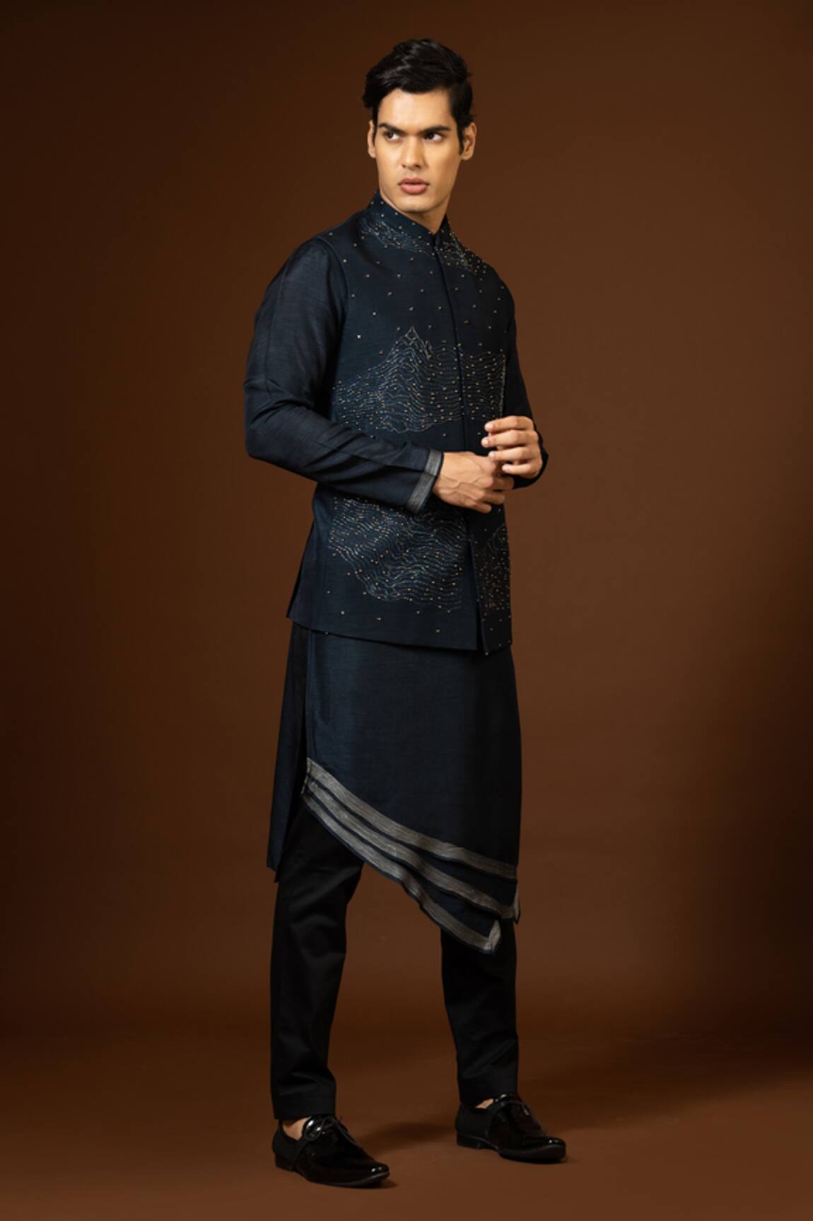 Paarsh Navy Blue Pearl Embroidered Bundi Kurta Set 