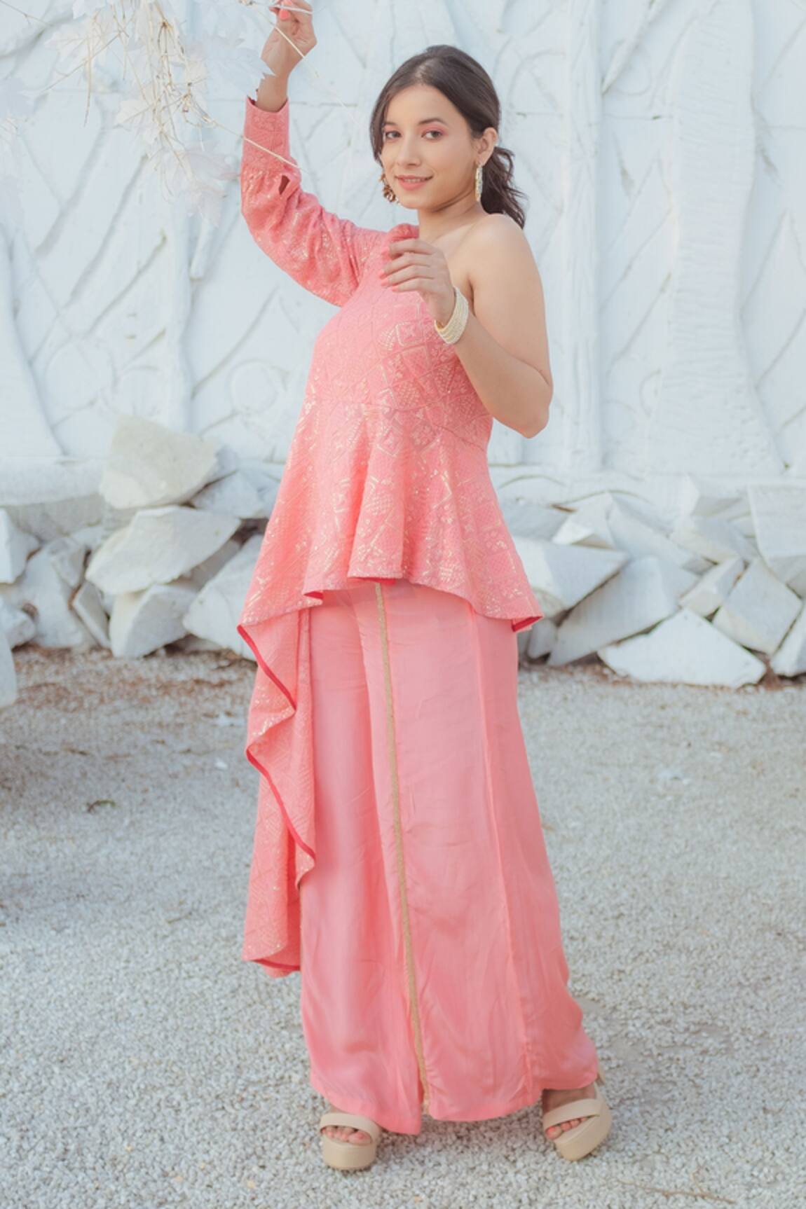 Monk & Mei By Sonia Anand One Shoulder High Low Top & Palazzo Set