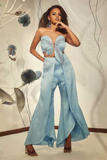 BABITA M Blue Silk 3D Embroidered Pant Set 