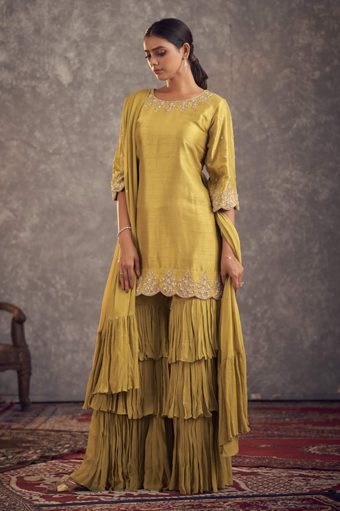 Hirika & Dhruti Silk Floral Embroidered Kurta & Layered Gharara Set 