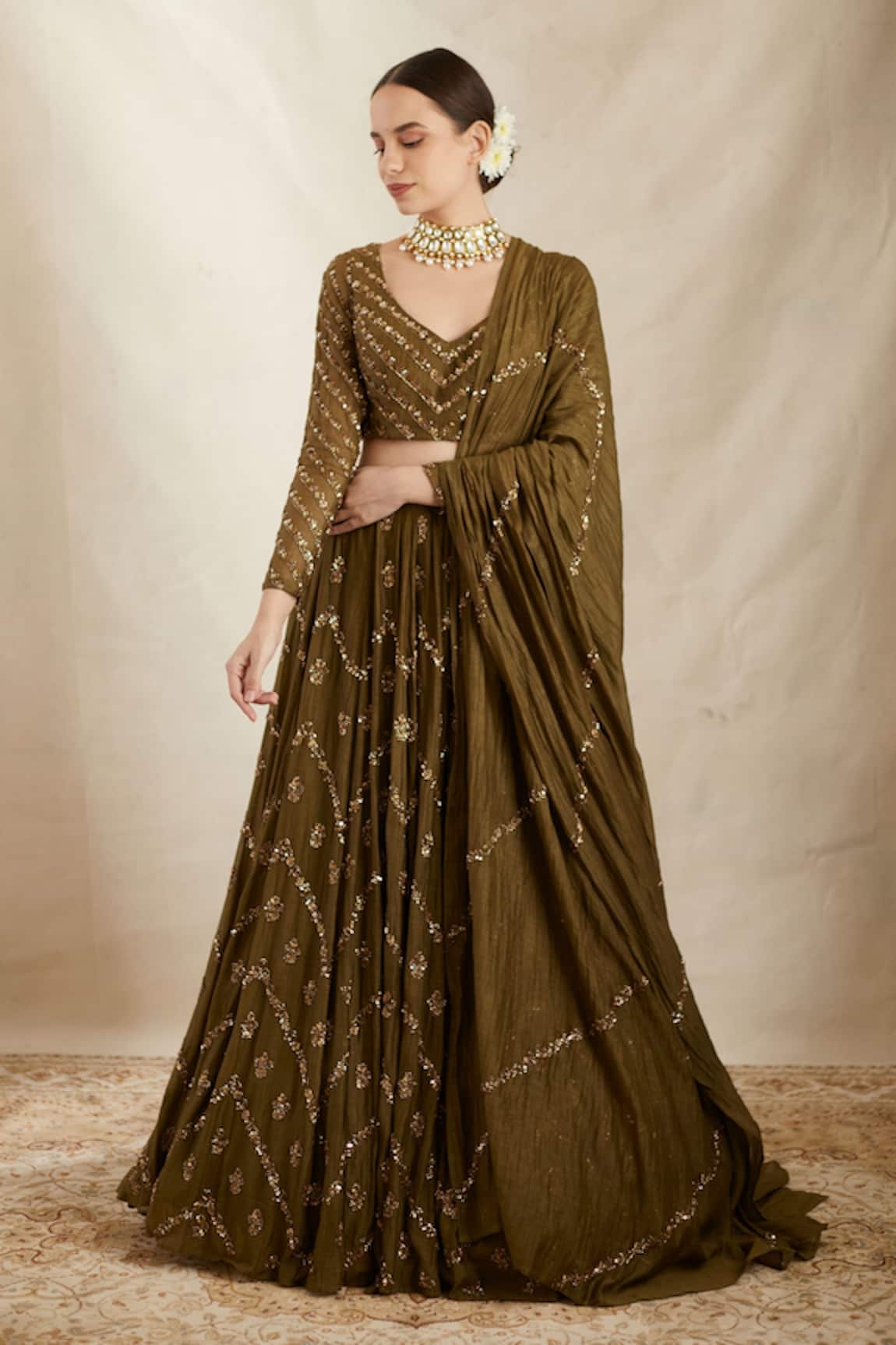 Astha Narang Chanderi Silk Chevron Embroidered Bridal Lehenga Set