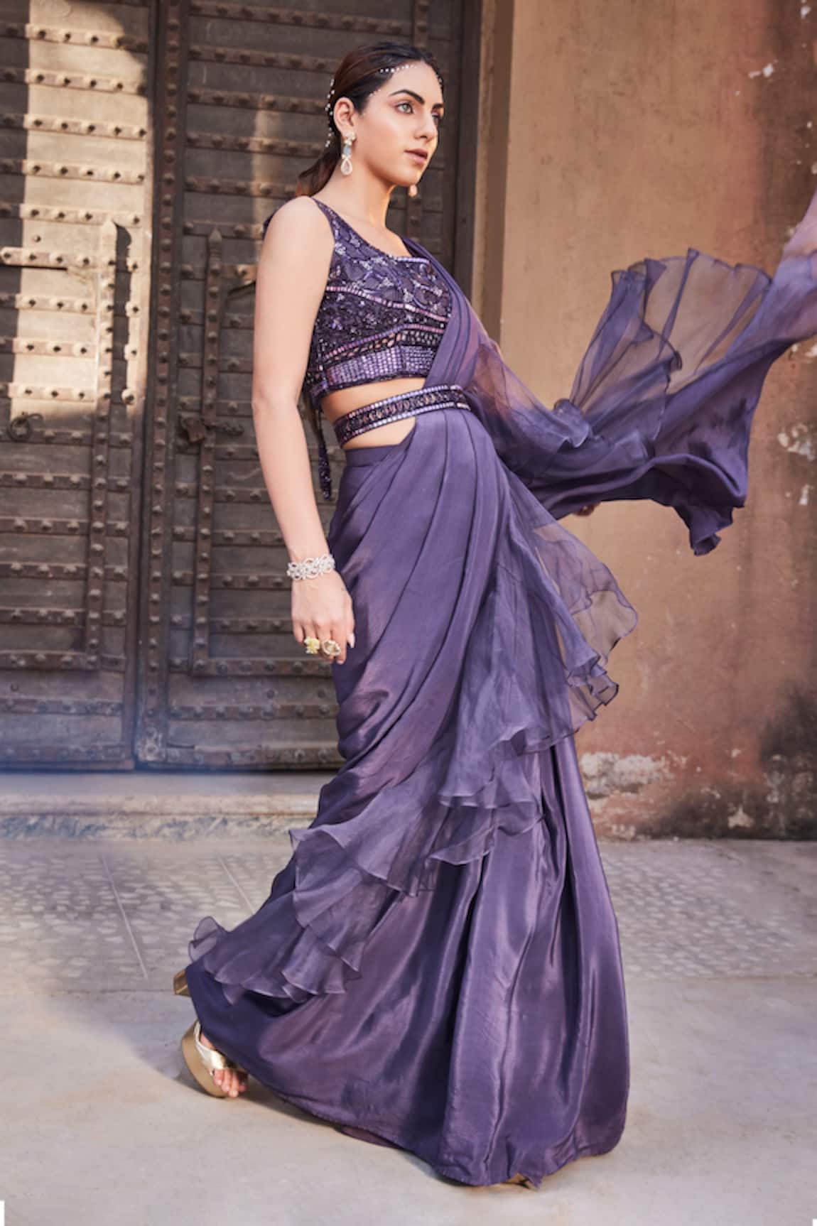 Mehak Murpana Pre-Draped Ruffle Saree With Embroidered Blouse 
