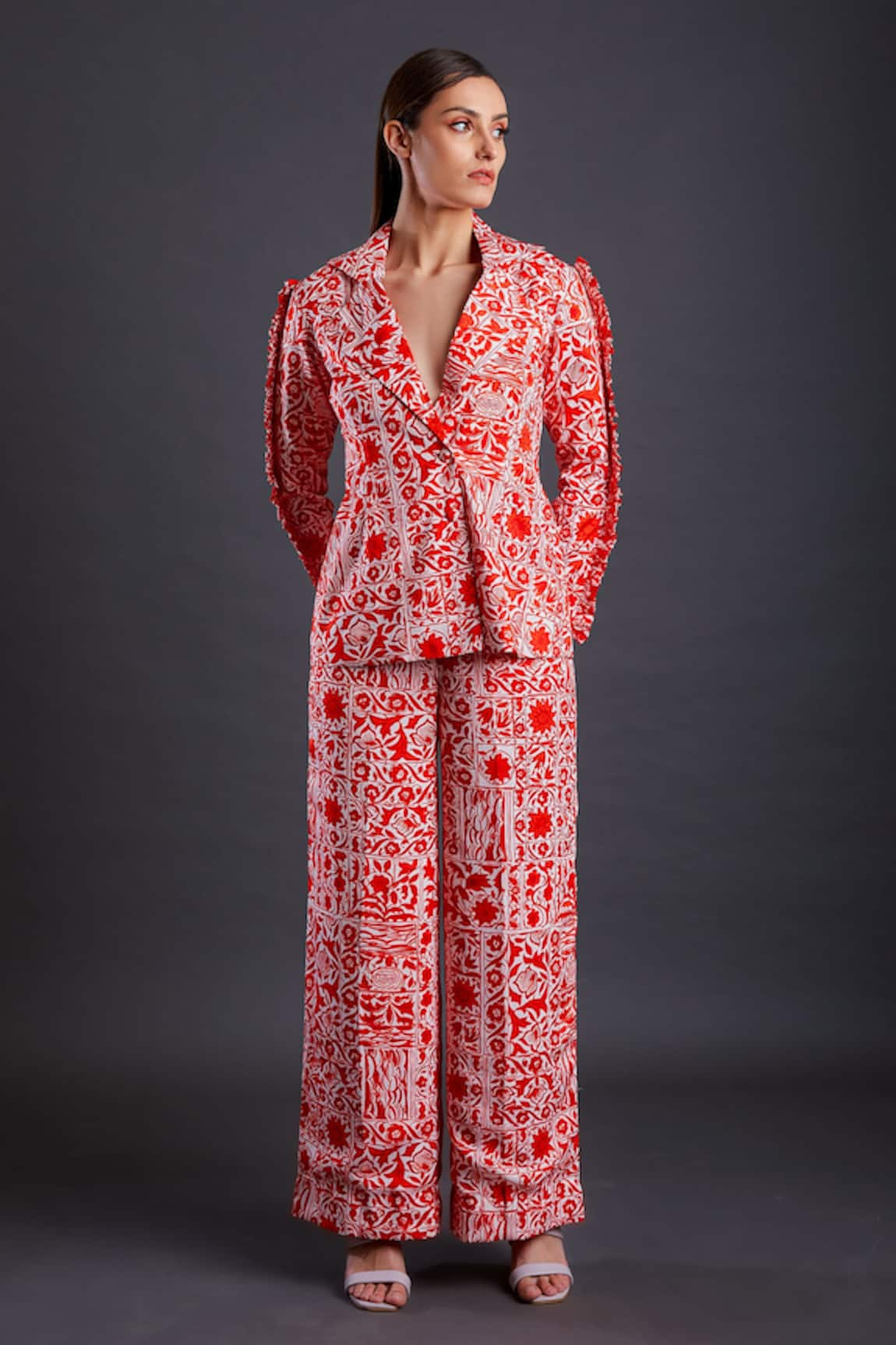 FUGA Raspberry Floral Pattern Power Pant Suit Set