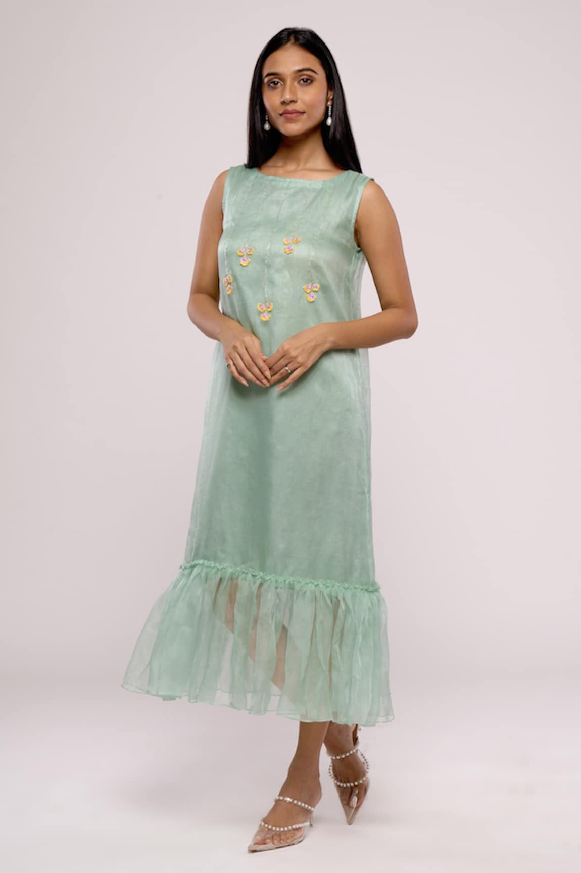 MAYU KOTHARI Floral Embroidered Ruffle Hem Dress