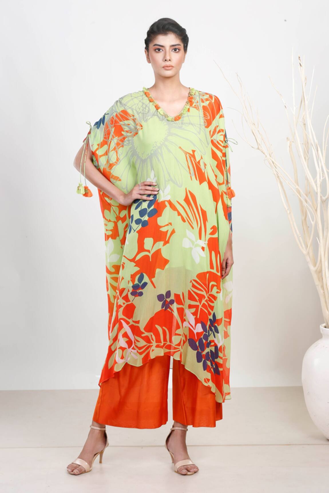 Garo Leaf Print Chiffon Kaftan & Pant Set