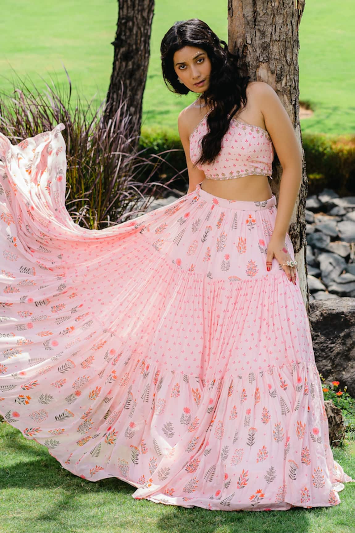 Redpine Designs Floral Print Embroidered Crop Top & Flared Skirt Set