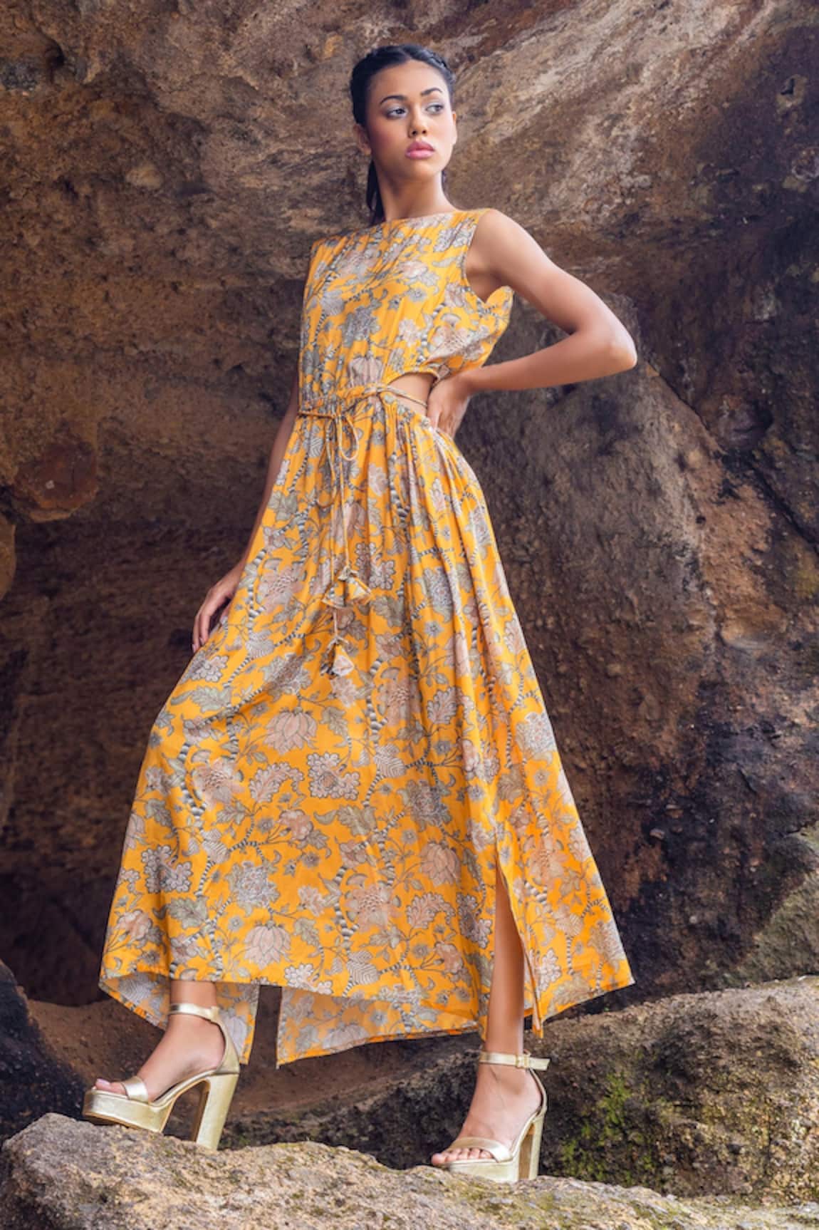 Yogita Kadam Floral Printed Cut Out Maxi Dress