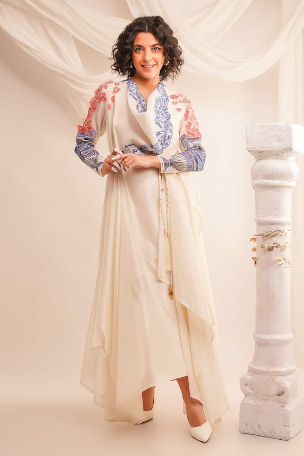 Jajaabor Floral Applique Embroidered Angrakha & Pant Set 