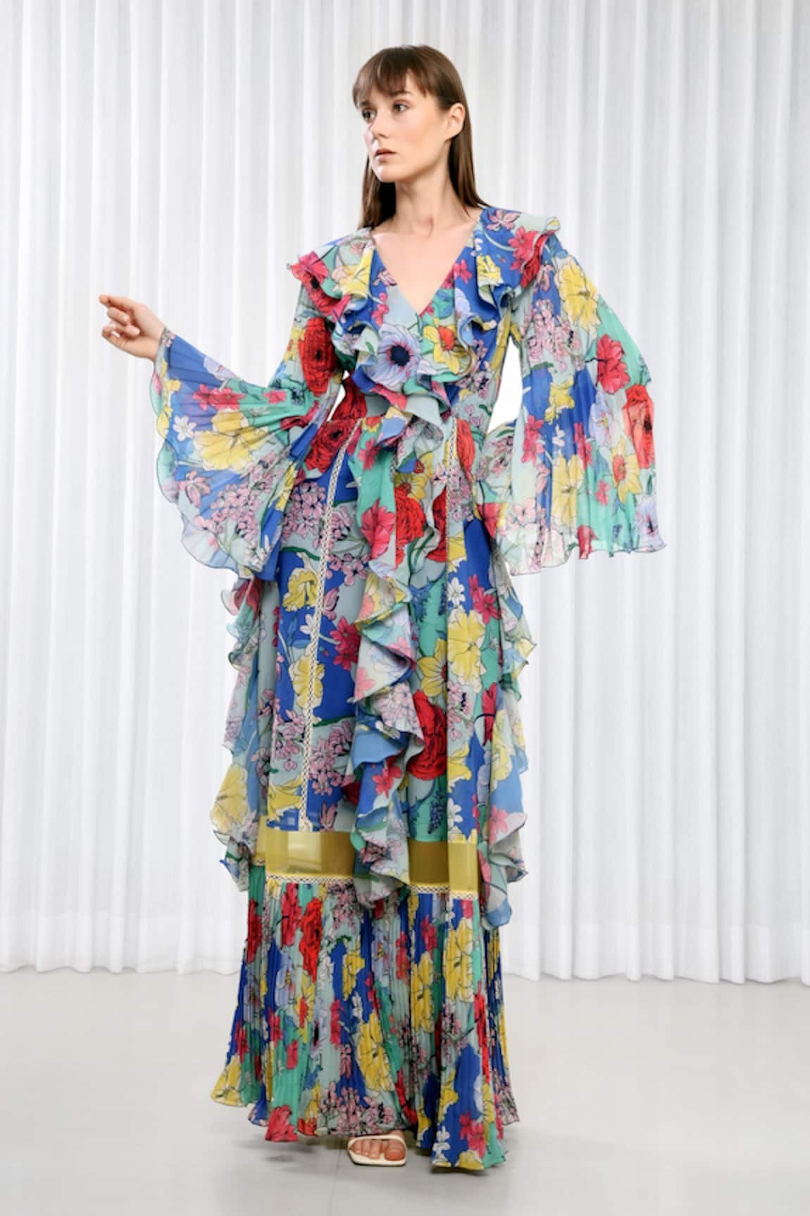 Mandira Wirk Hibiscus Print Ruffle Gown