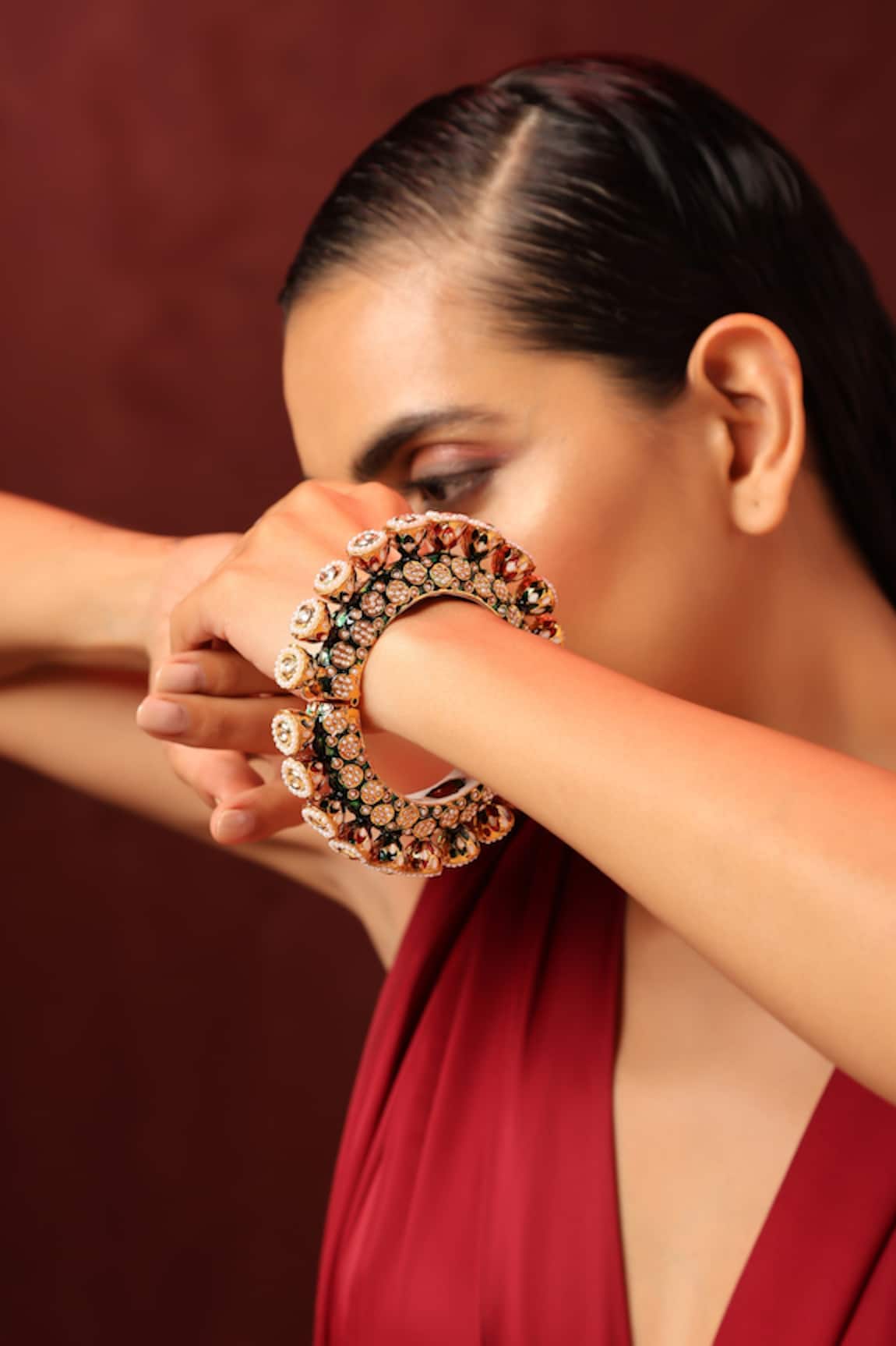 Swabhimann Kundan & Pearl Embellished Pacheli Kada 