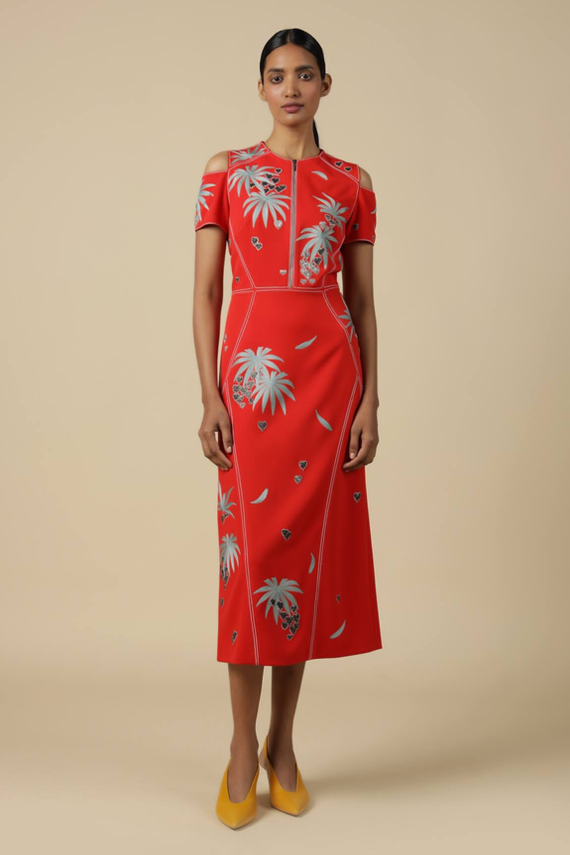 Shahin Mannan Leaf & Fruit Embroidered Cold Shoulder Dress