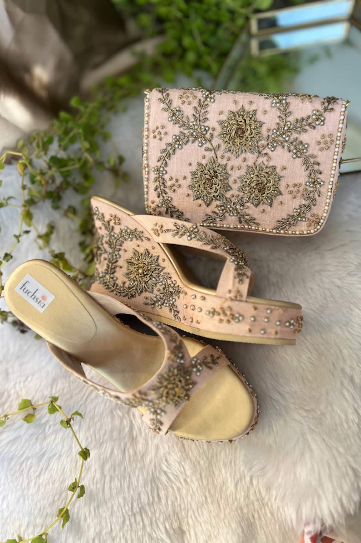 Fuchsia Nargish Floral Embroidered Wedges & Clutch Set 