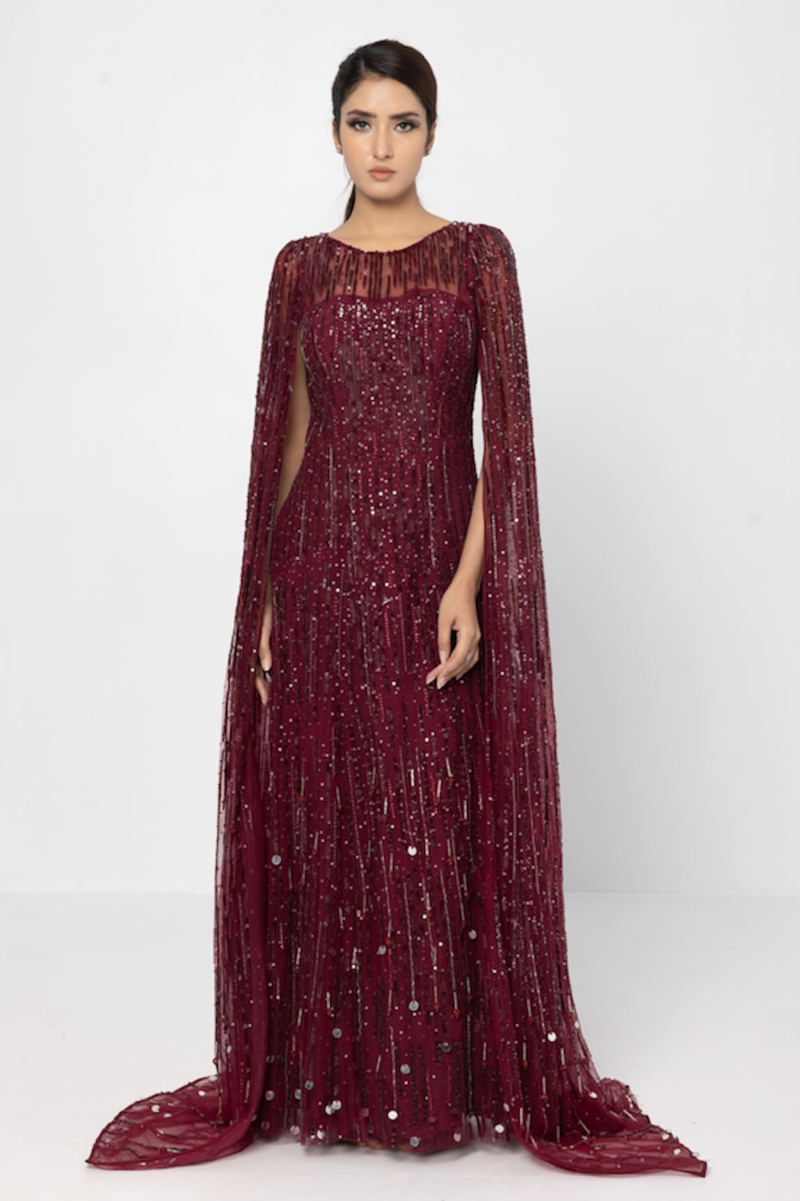 Sartoriale Linear Embroidered Cape Sleeve Gown