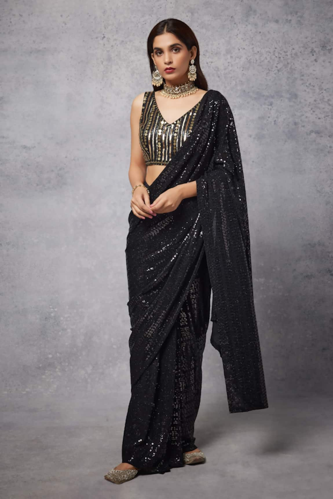 Senren by Eshana Raut Pre-Draped Sequin Embellished Saree With Blouse