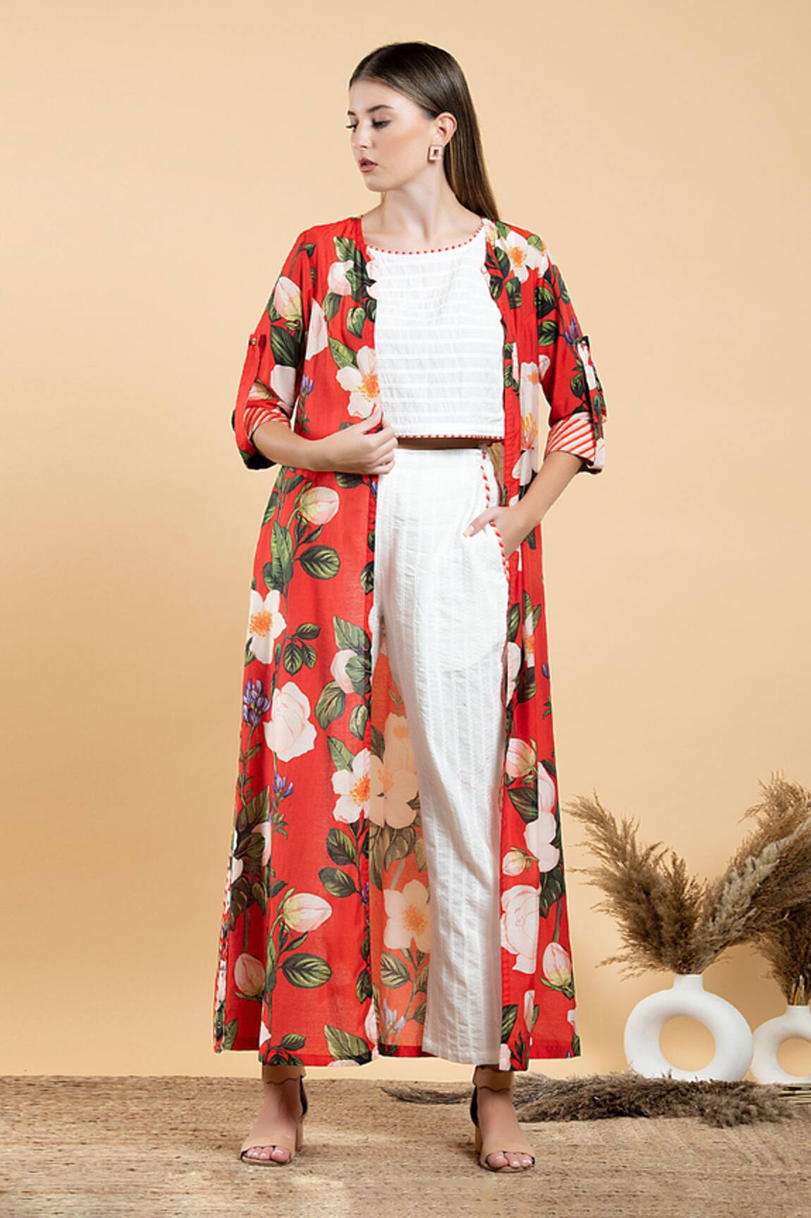 Divi By Sonal Khandelwal Wild Rose Print Cape & White Pant Set