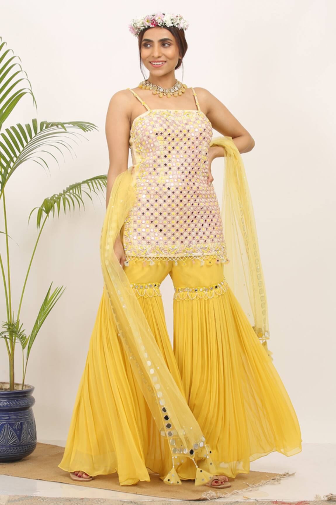 Nitisha Kashyap Official Peach Mirror Embroidered Kurta & Gharara Set 