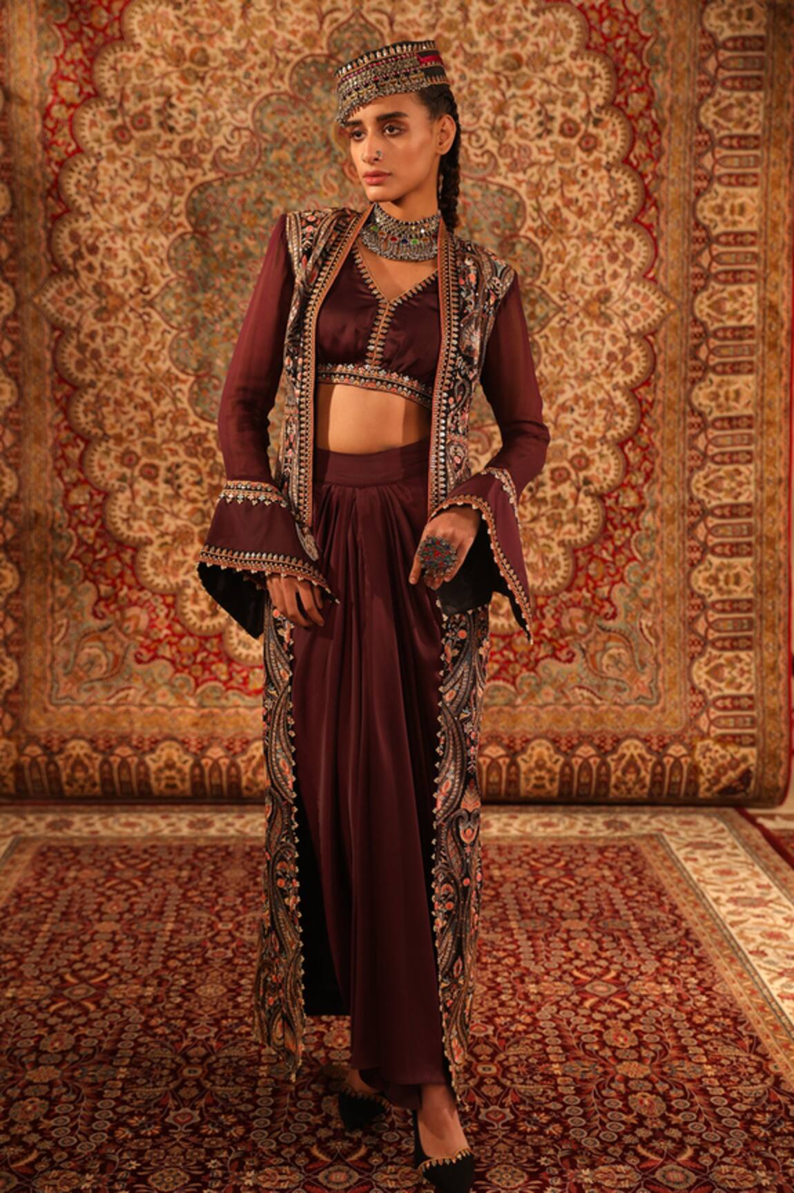 Aditi Gupta Kashida Embroidered Jacket Draped Skirt Set 