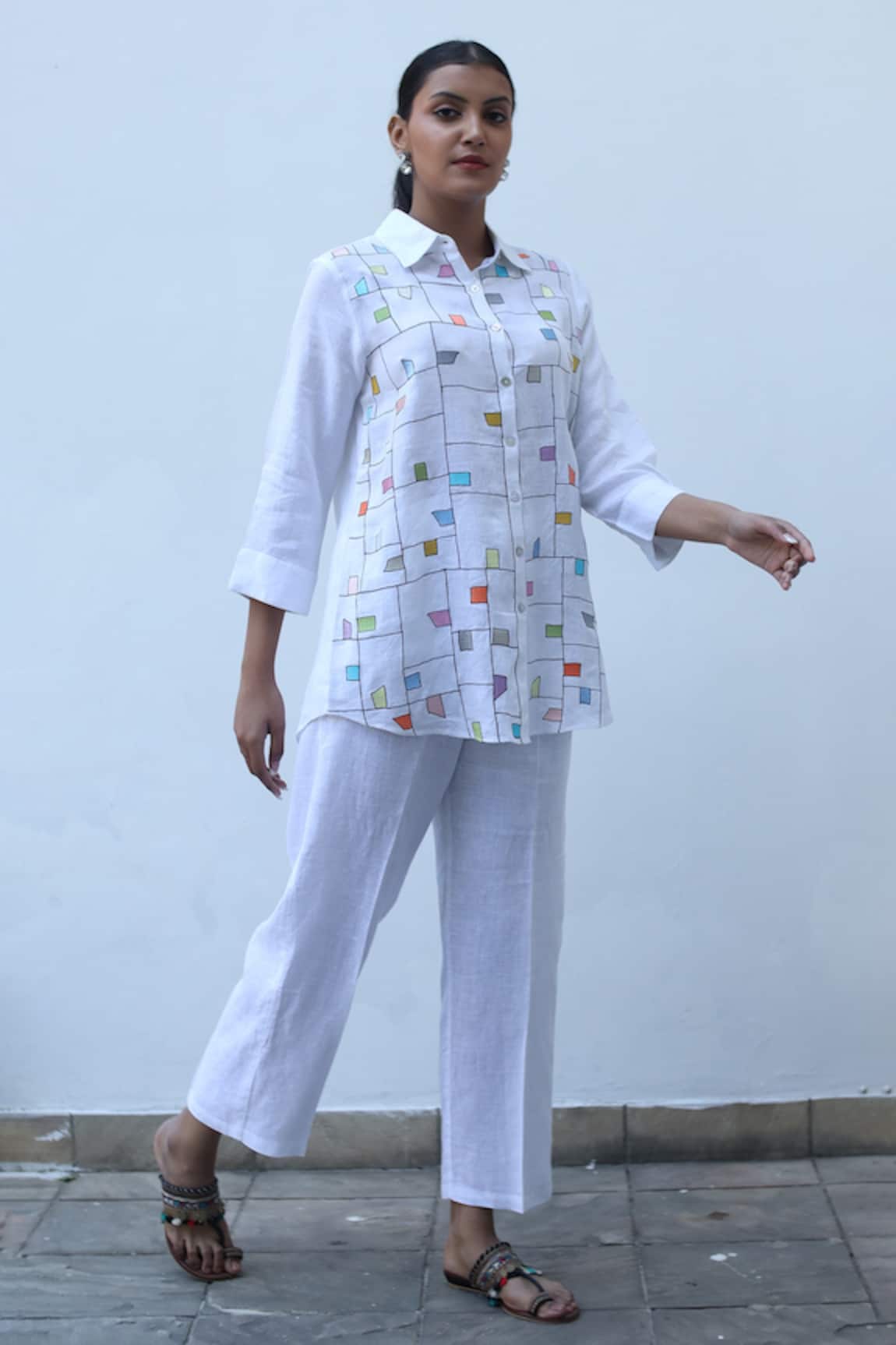Linen Bloom Linen Checkered Embroidered Shirt 