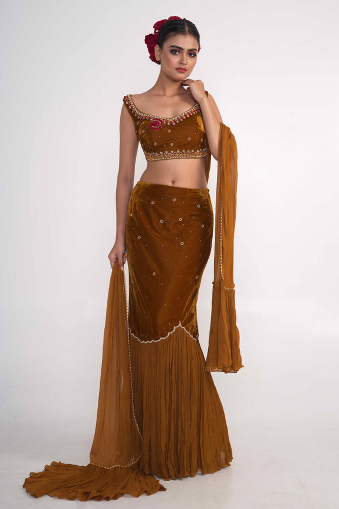 Merge Design Pearl Embroidered Fish Cut Lehenga Set 