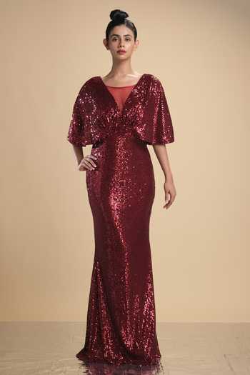 Kommal Sood Cape Sleeve Sequin Embroidered Gown