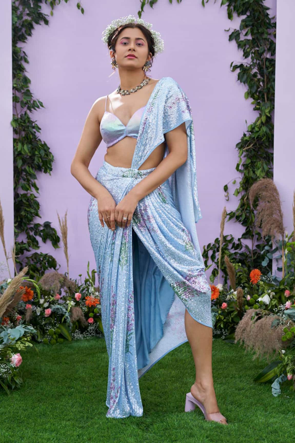 Pooja Bagaria Pre-Draped Sequin Embellished Saree & Blouse Set