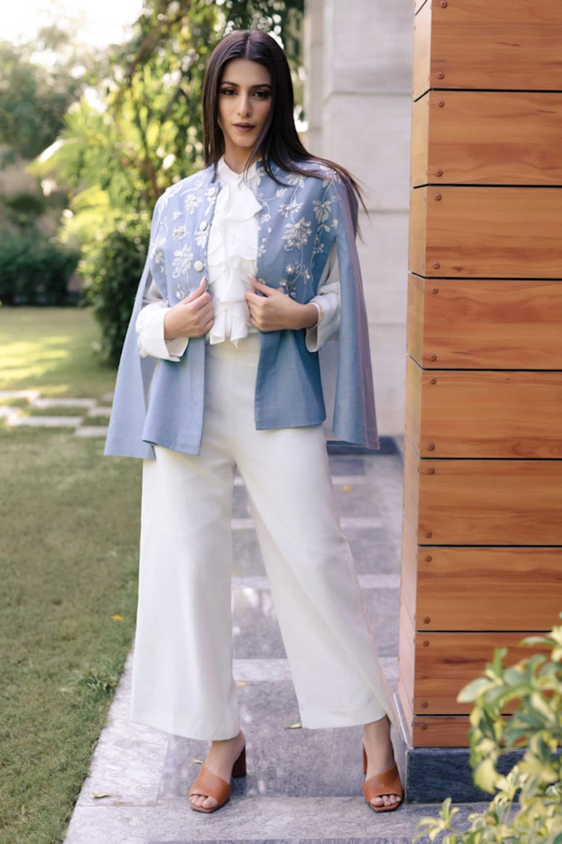 Taroob Cashmere Floral Vines Hand Embroidered Cape 