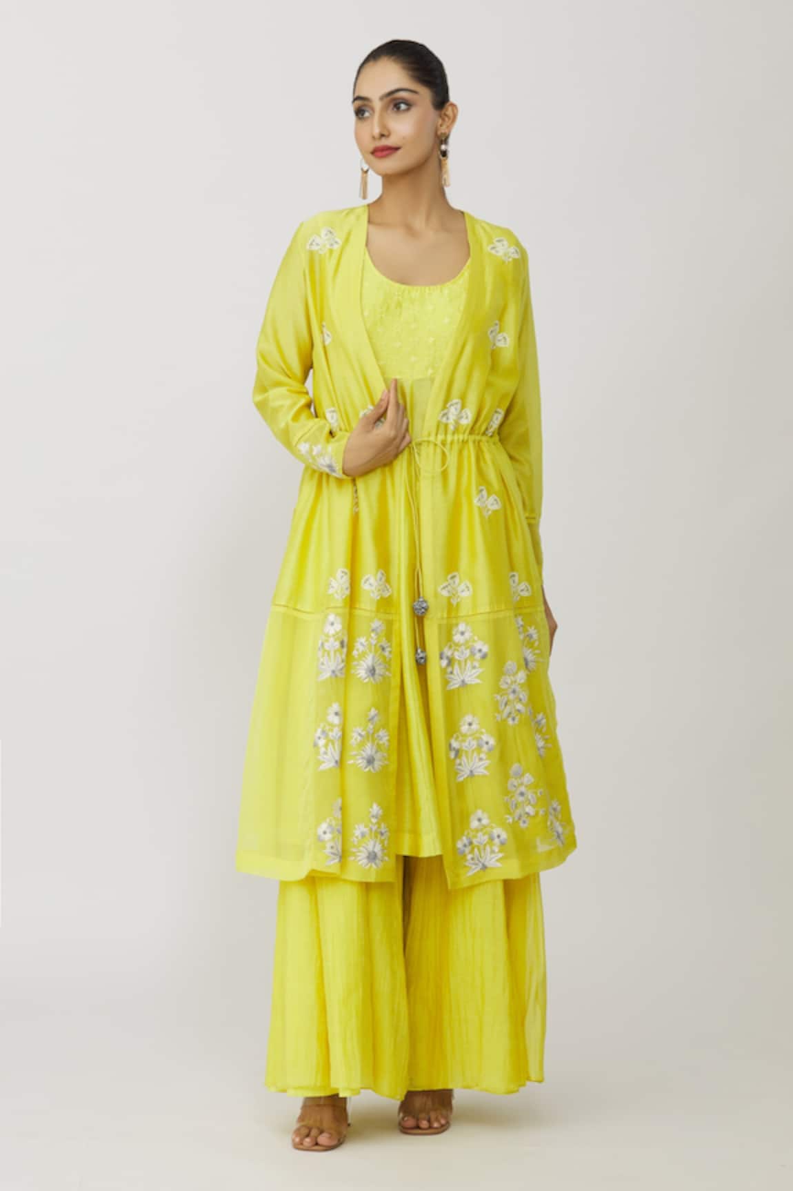 Neeta Bhargava Chanderi Floral Embroidered Jacket Gharara Set