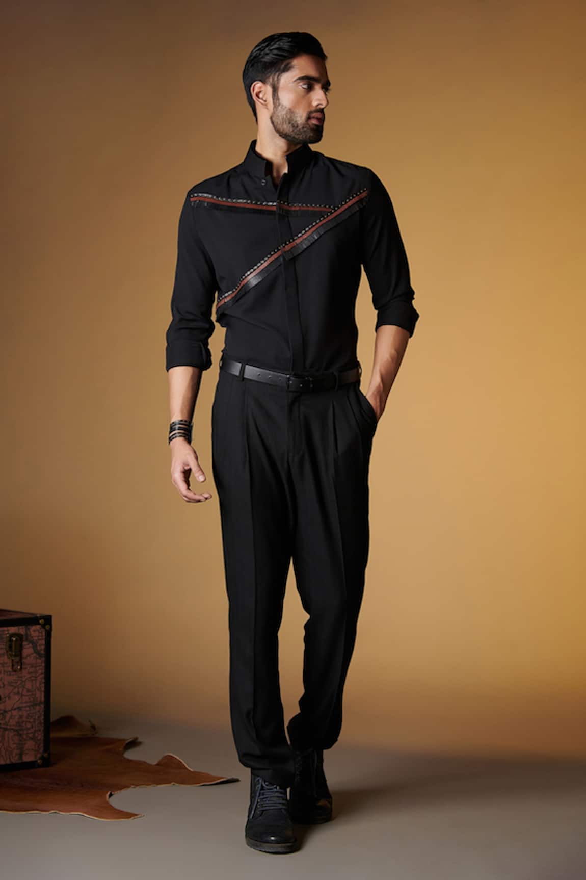 S&N by Shantnu Nikhil Faux Leather Fringes & Rivets Embellished Shirt