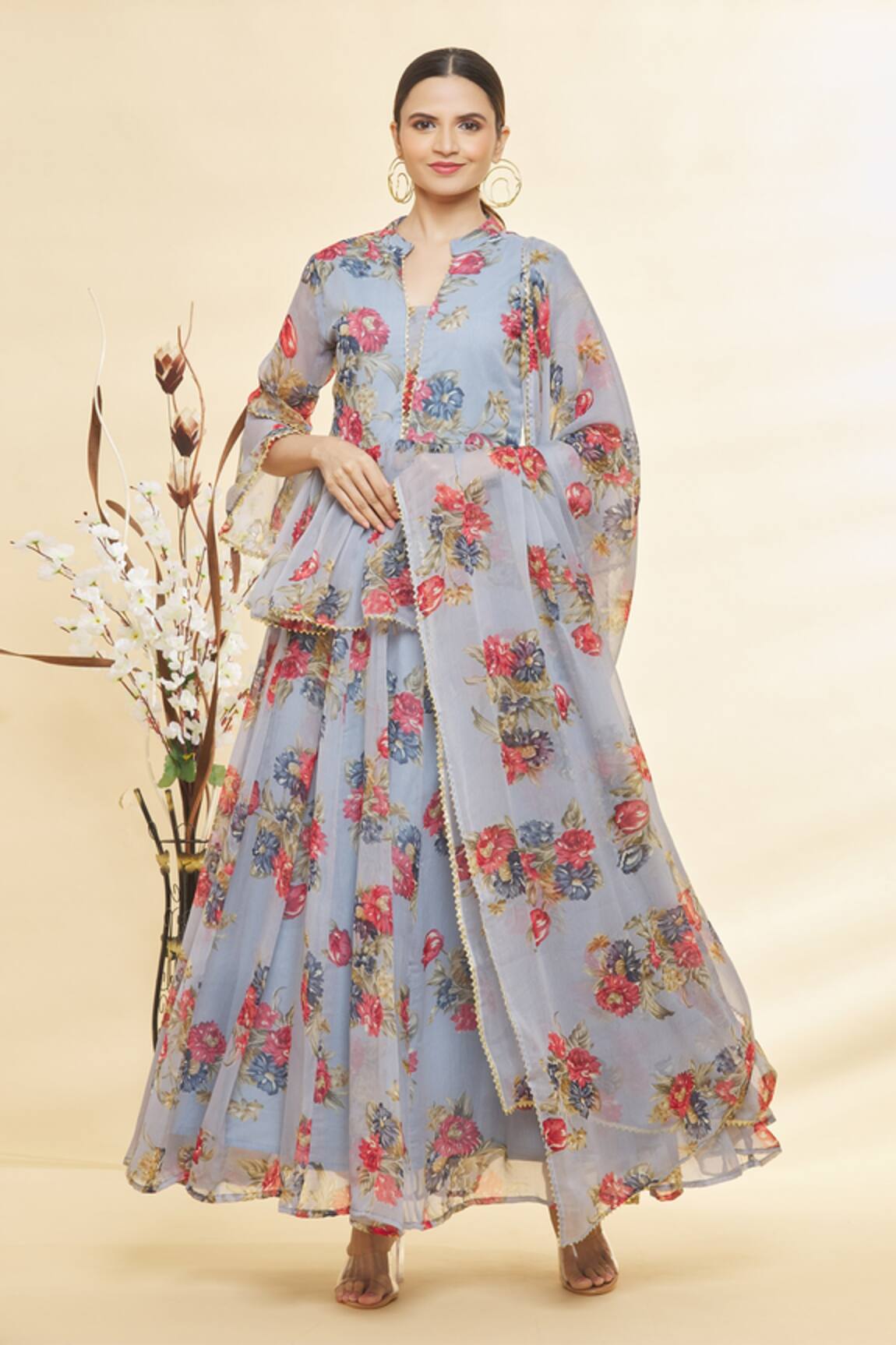 Samyukta Singhania Floral Bouquet Print Peplum Top Lehenga Set